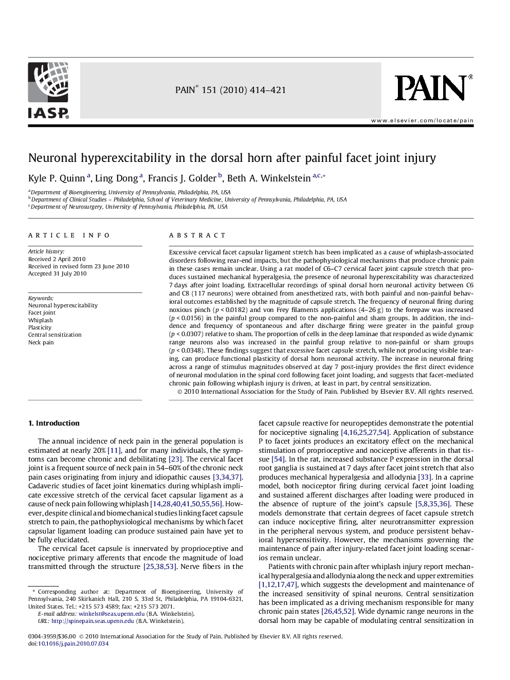 Neuronal hyperexcitability in the dorsal horn after painful facet joint injury