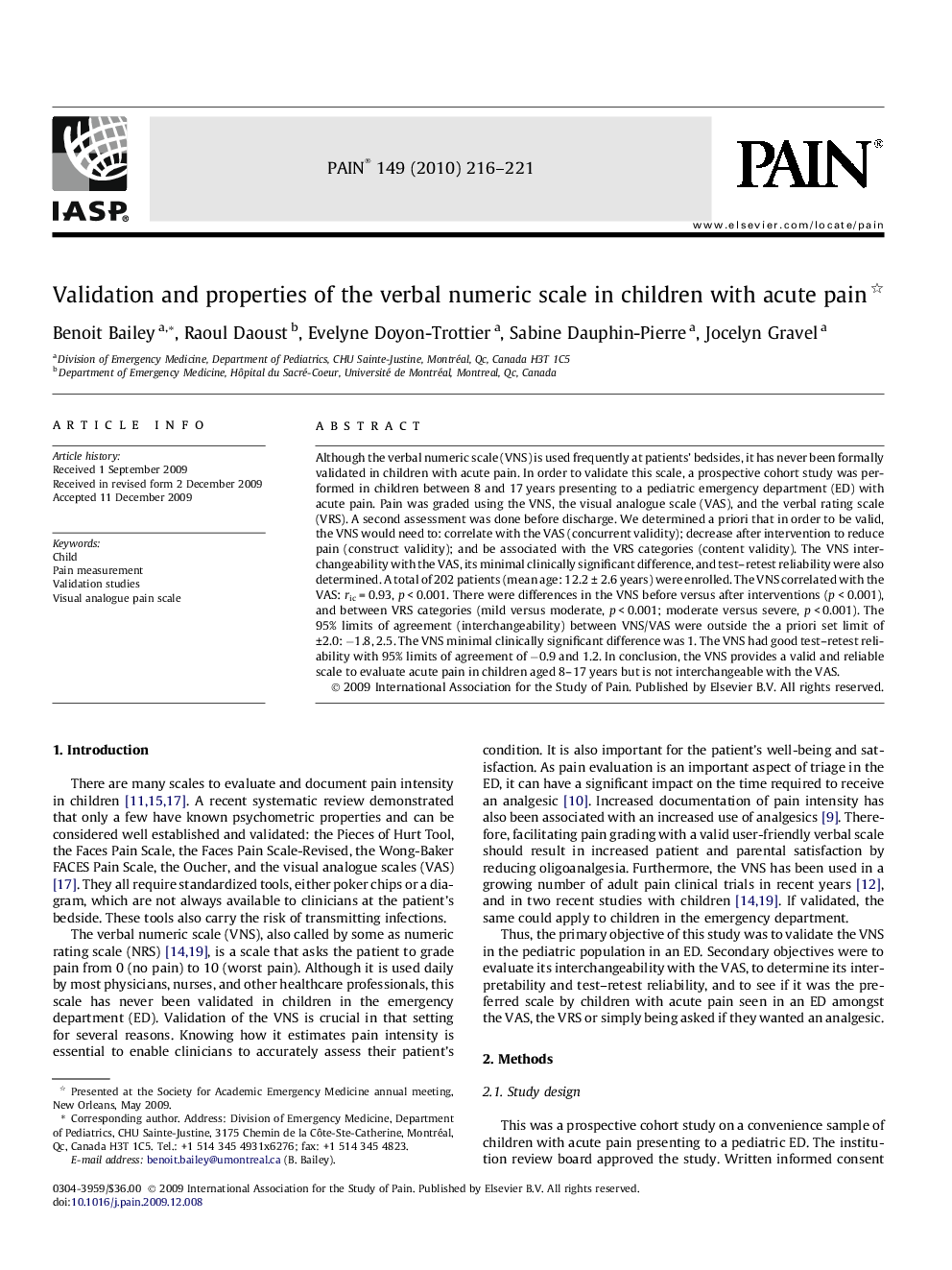 Validation and properties of the verbal numeric scale in children with acute pain