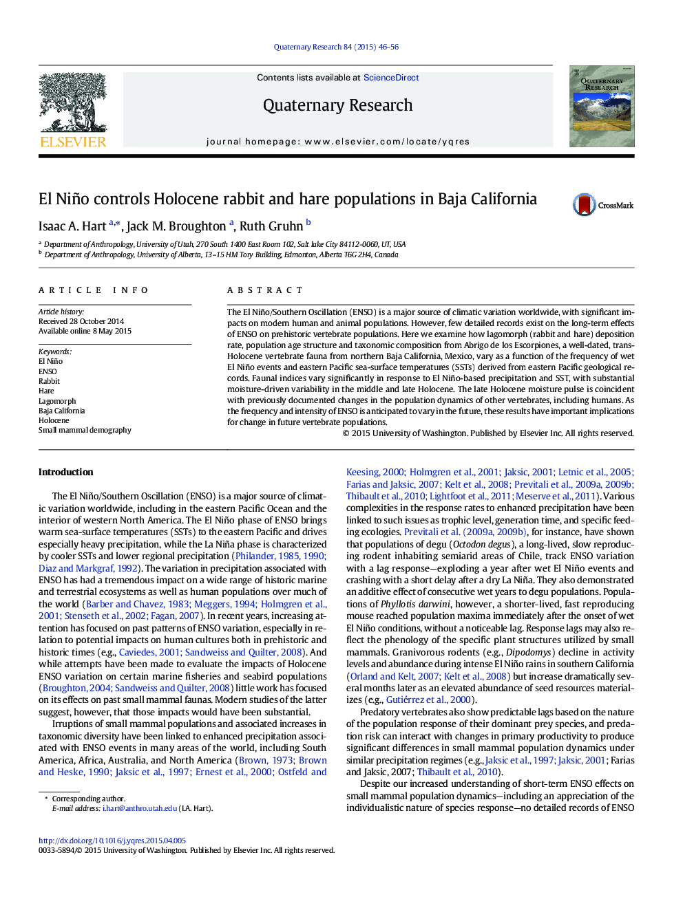 El Niño controls Holocene rabbit and hare populations in Baja California