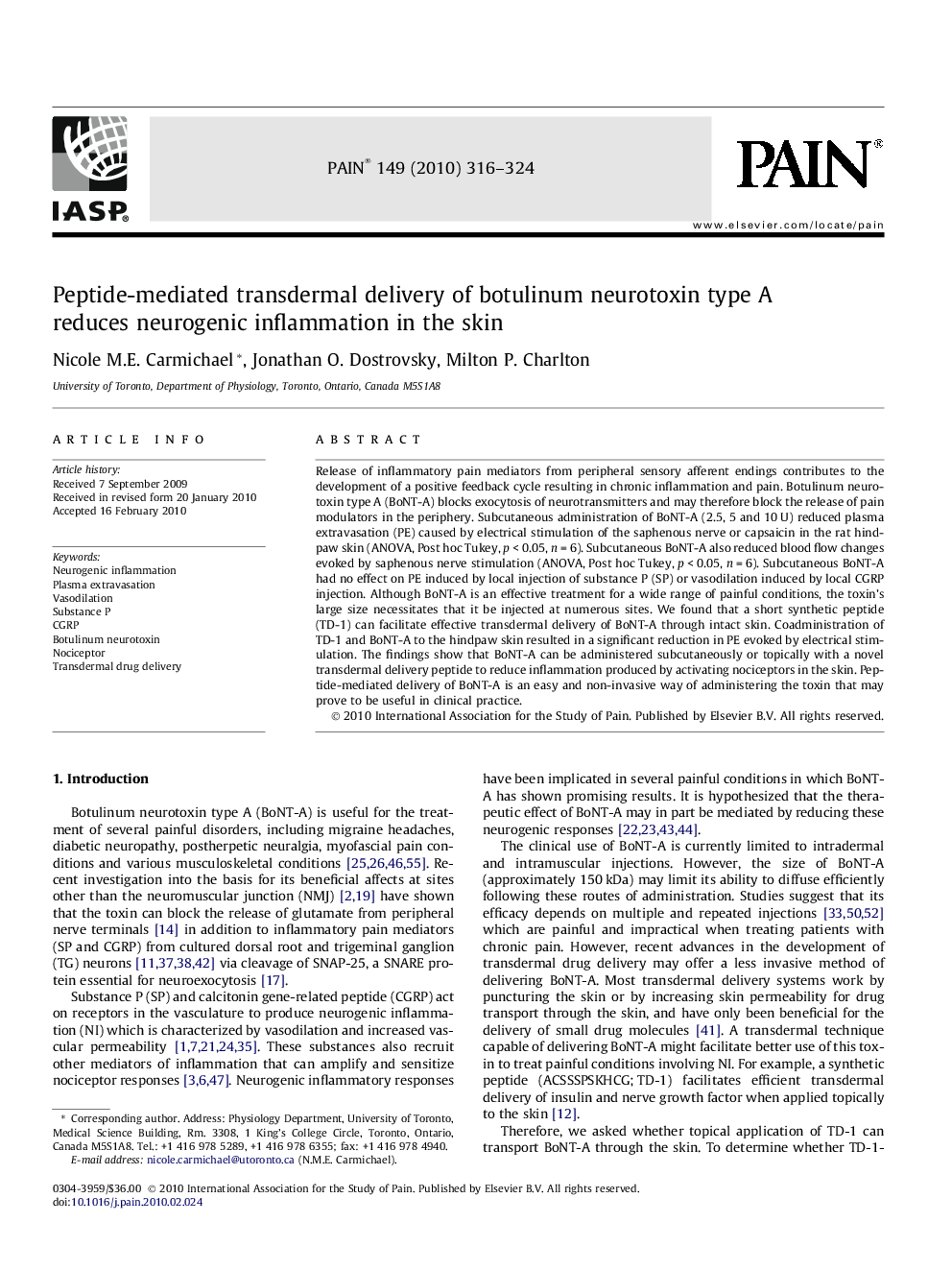 Peptide-mediated transdermal delivery of botulinum neurotoxin type A reduces neurogenic inflammation in the skin