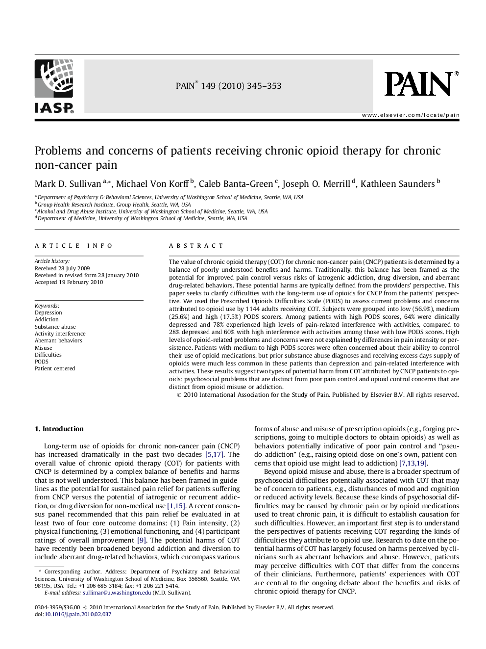 Problems and concerns of patients receiving chronic opioid therapy for chronic non-cancer pain