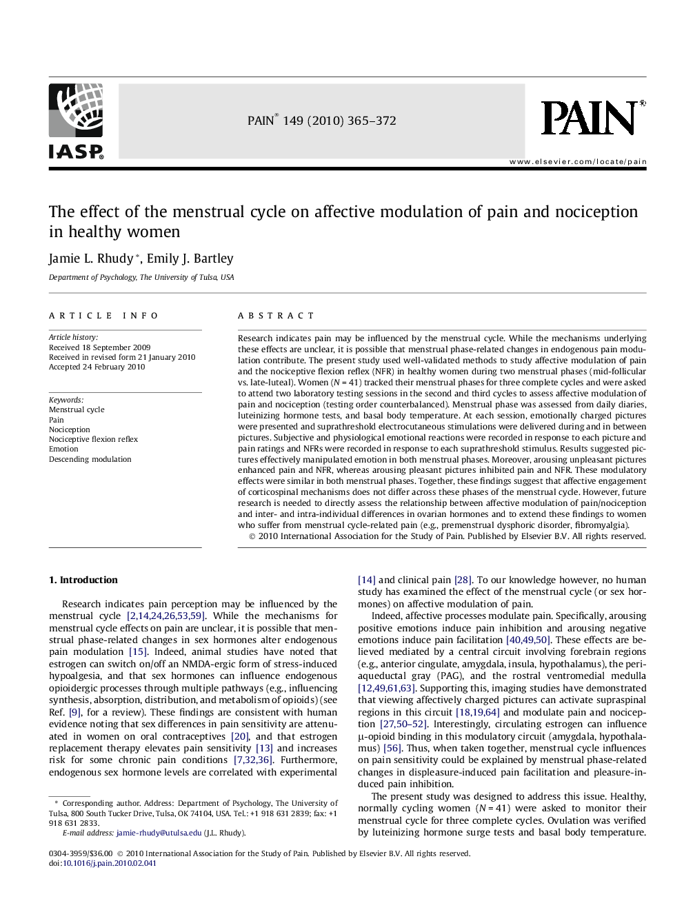 The effect of the menstrual cycle on affective modulation of pain and nociception in healthy women