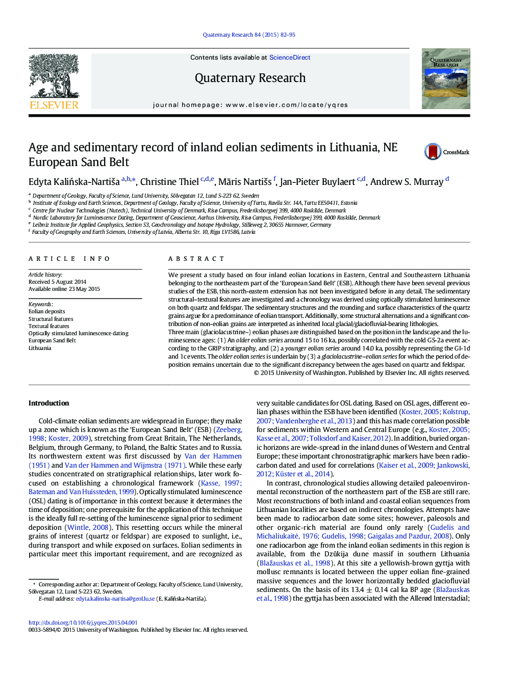 Age and sedimentary record of inland eolian sediments in Lithuania, NE European Sand Belt