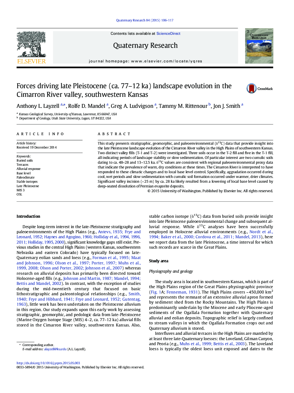 عکس صفحه اول مقاله: Forces driving late Pleistocene (ca. 77–12 ka) landscape evolution in the Cimarron River valley, southwestern Kansas Forces driving late Pleistocene (ca. 77–12 ka) landscape evolution in the Cimarron River valley, southwestern Kansas