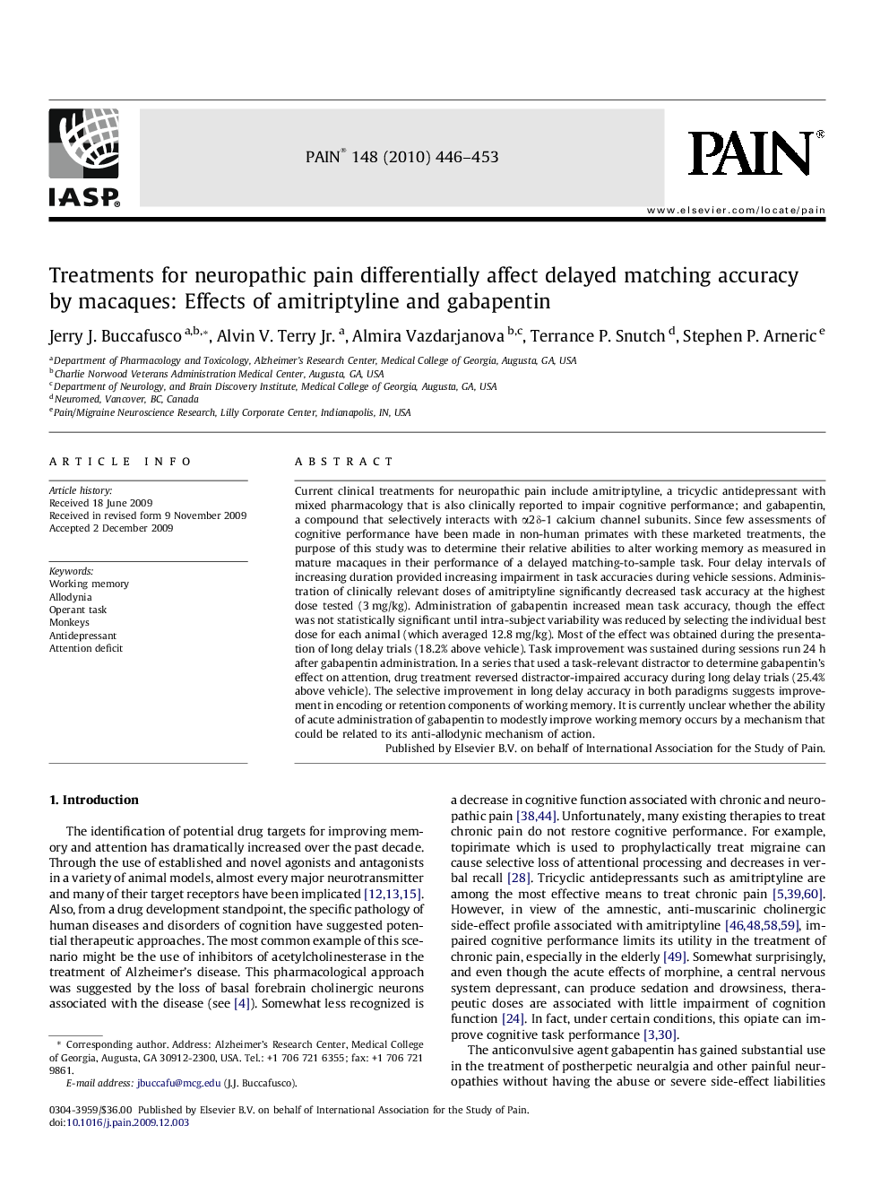 Treatments for neuropathic pain differentially affect delayed matching accuracy by macaques: Effects of amitriptyline and gabapentin