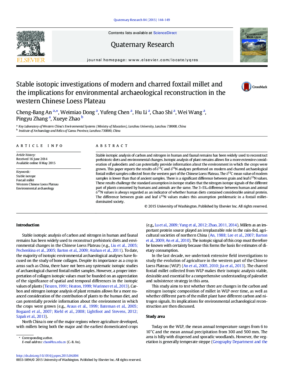 Stable isotopic investigations of modern and charred foxtail millet and the implications for environmental archaeological reconstruction in the western Chinese Loess Plateau