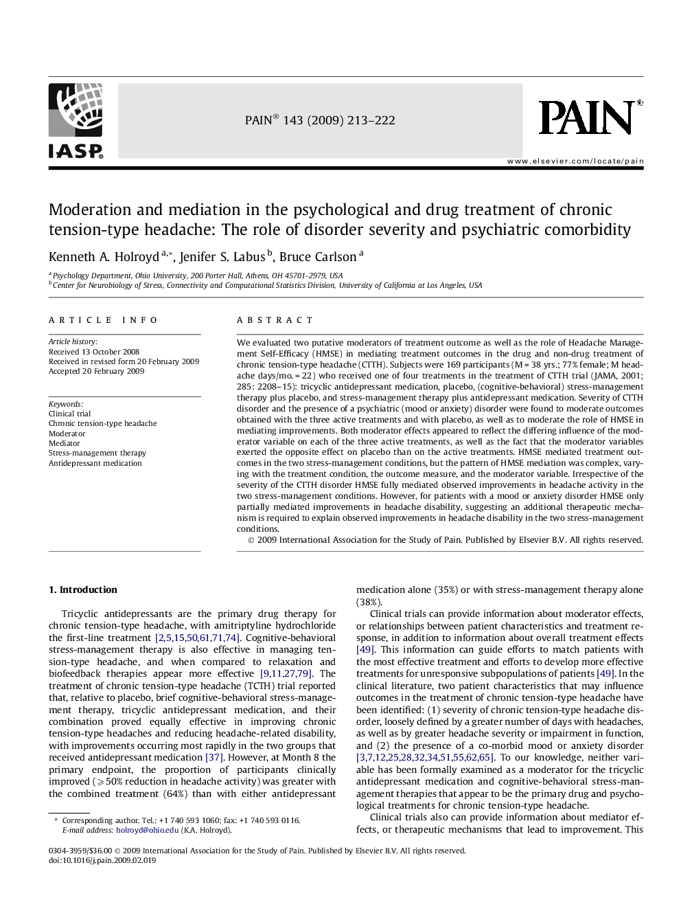 Moderation and mediation in the psychological and drug treatment of chronic tension-type headache: The role of disorder severity and psychiatric comorbidity