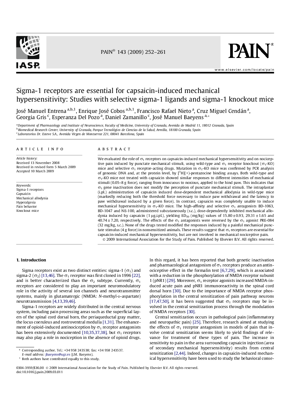 Sigma-1 receptors are essential for capsaicin-induced mechanical hypersensitivity: Studies with selective sigma-1 ligands and sigma-1 knockout mice