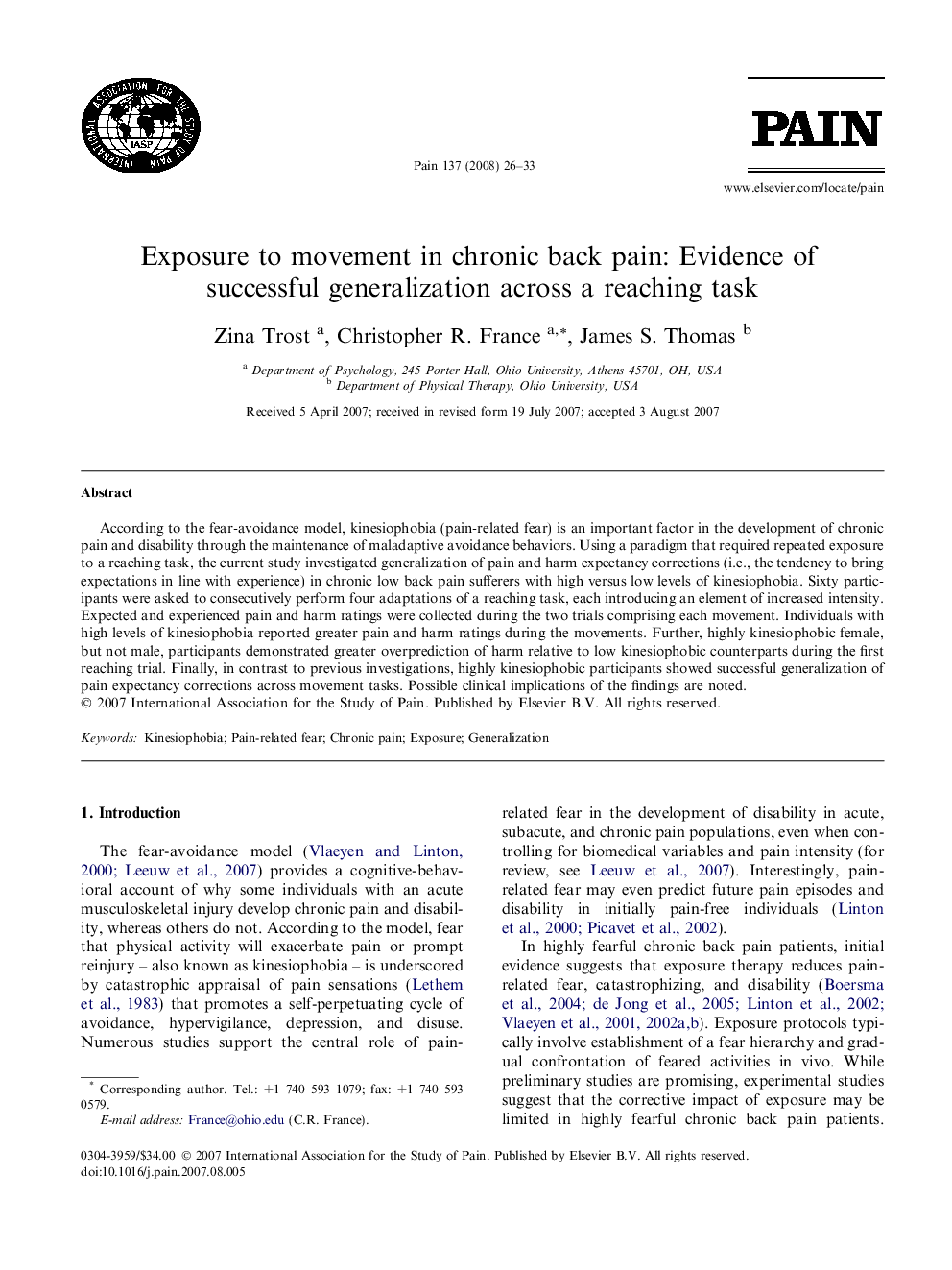 Exposure to movement in chronic back pain: Evidence of successful generalization across a reaching task