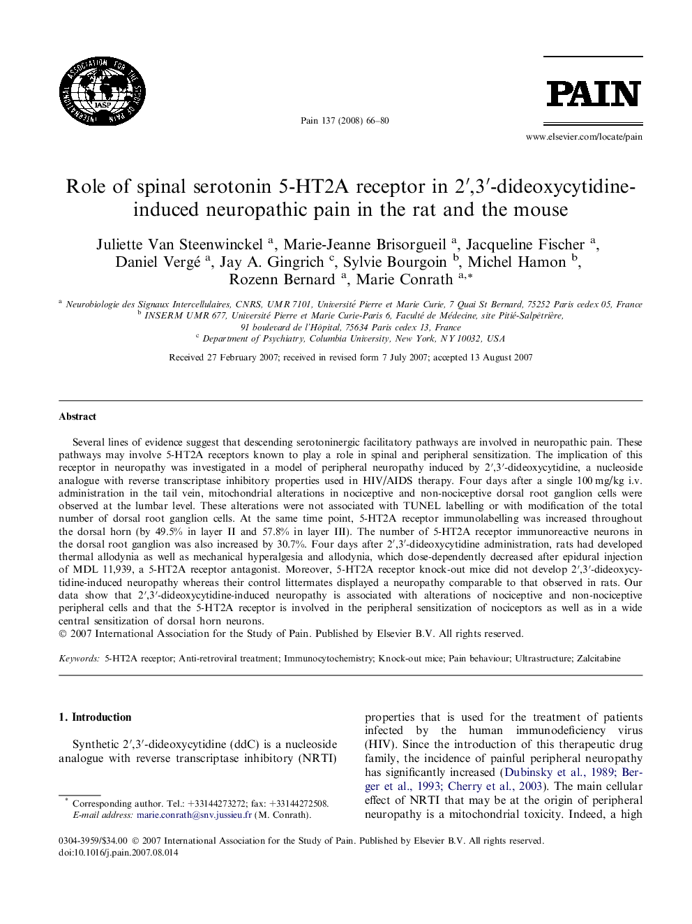 Role of spinal serotonin 5-HT2A receptor in 2â²,3â²-dideoxycytidine-induced neuropathic pain in the rat and the mouse