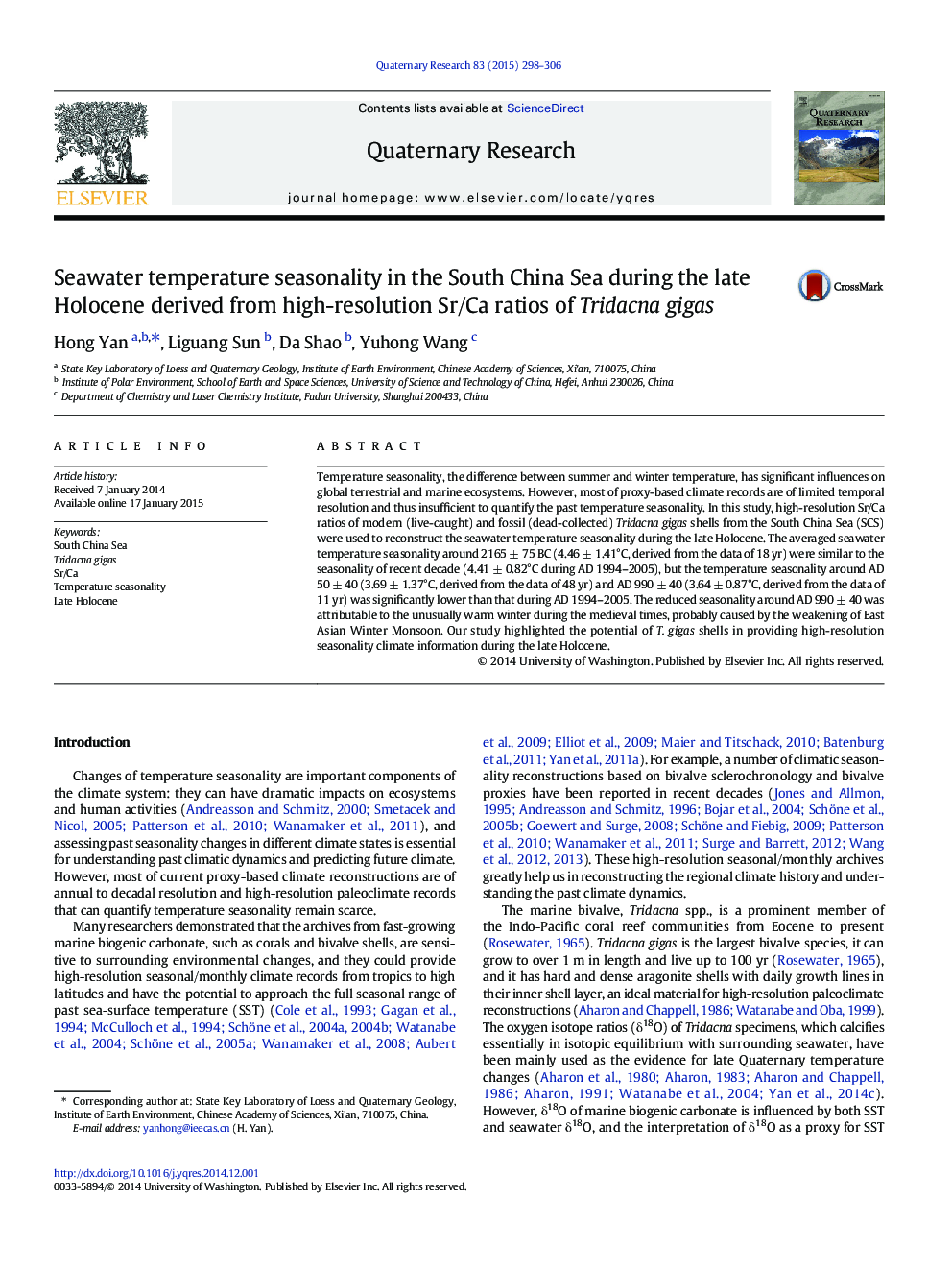 Seawater temperature seasonality in the South China Sea during the late Holocene derived from high-resolution Sr/Ca ratios of Tridacna gigas