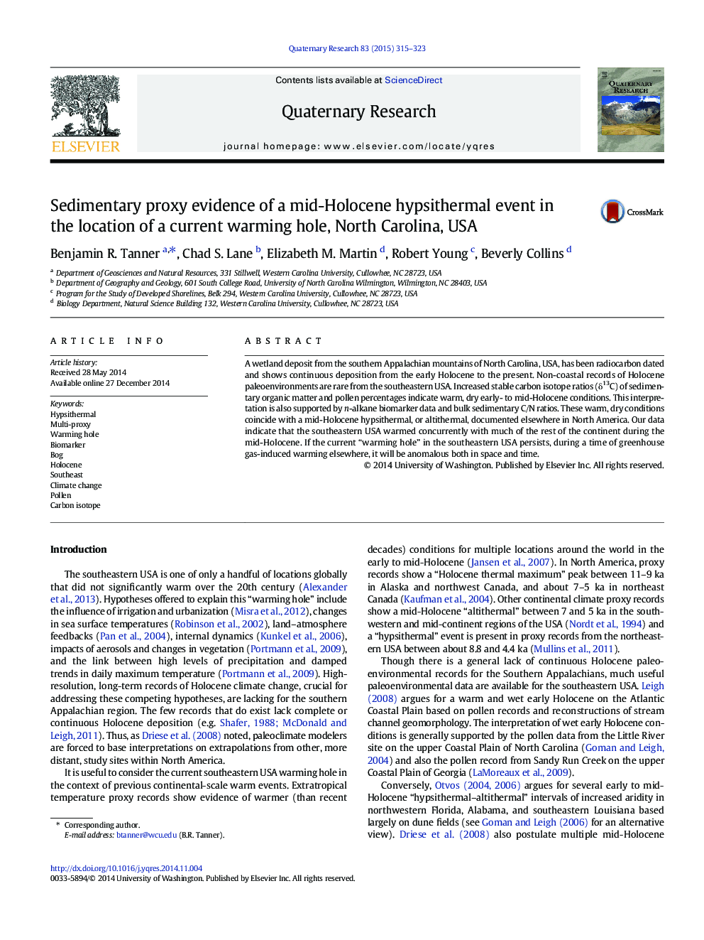 Sedimentary proxy evidence of a mid-Holocene hypsithermal event in the location of a current warming hole, North Carolina, USA