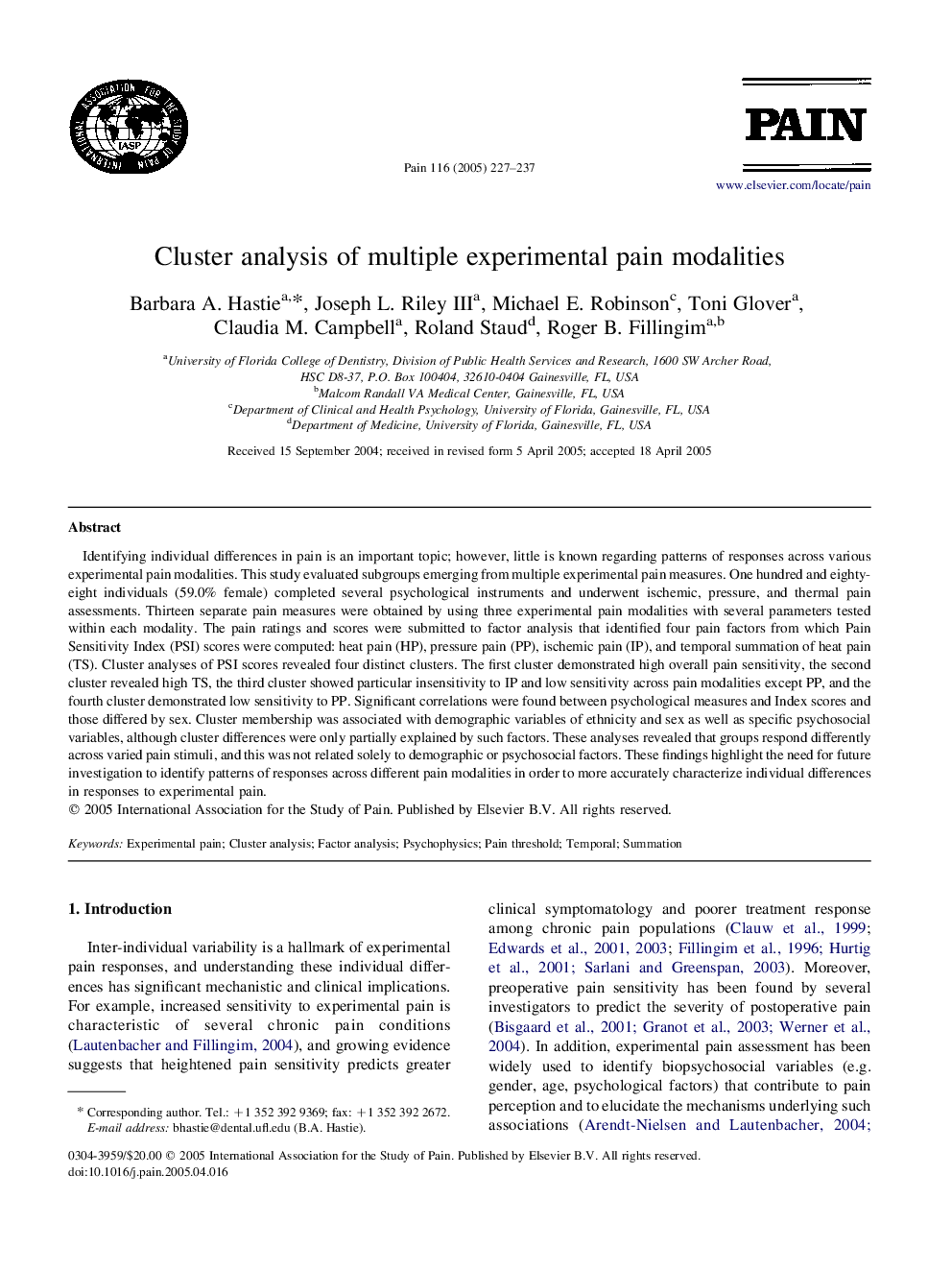 Cluster analysis of multiple experimental pain modalities