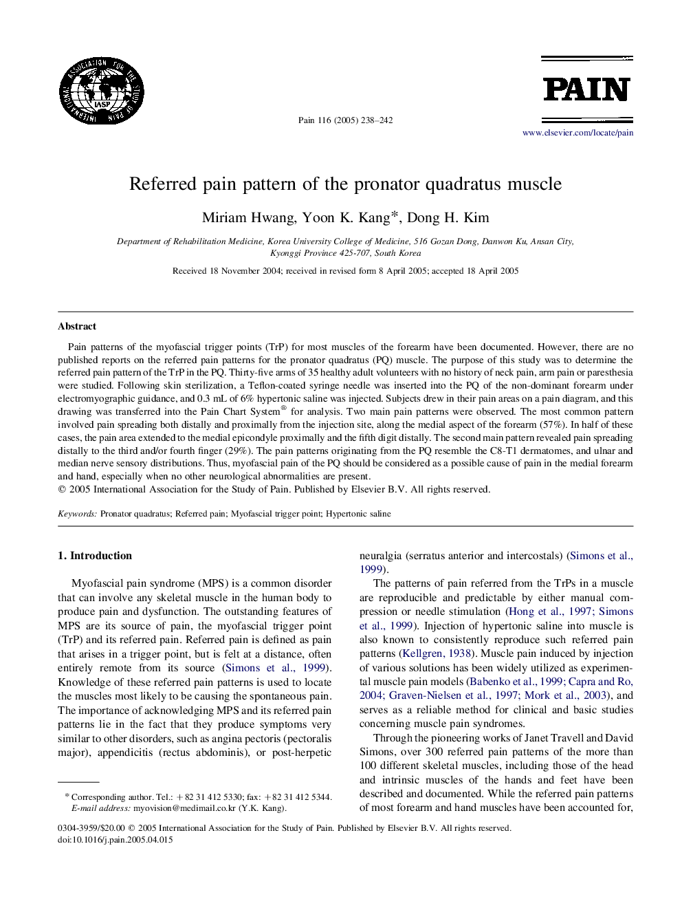 Referred pain pattern of the pronator quadratus muscle