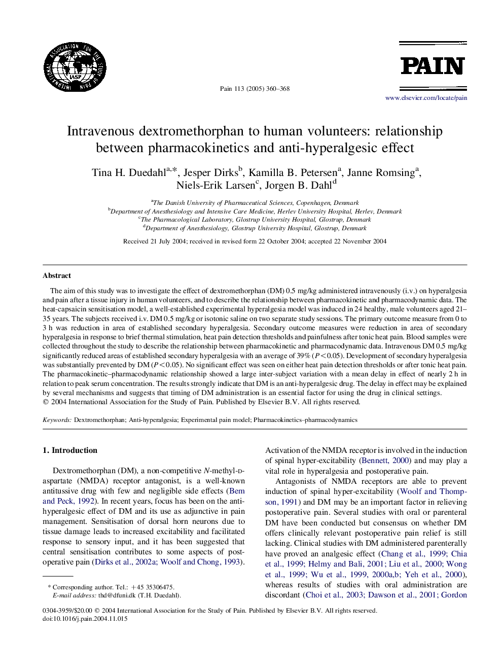 Intravenous dextromethorphan to human volunteers: relationship between pharmacokinetics and anti-hyperalgesic effect