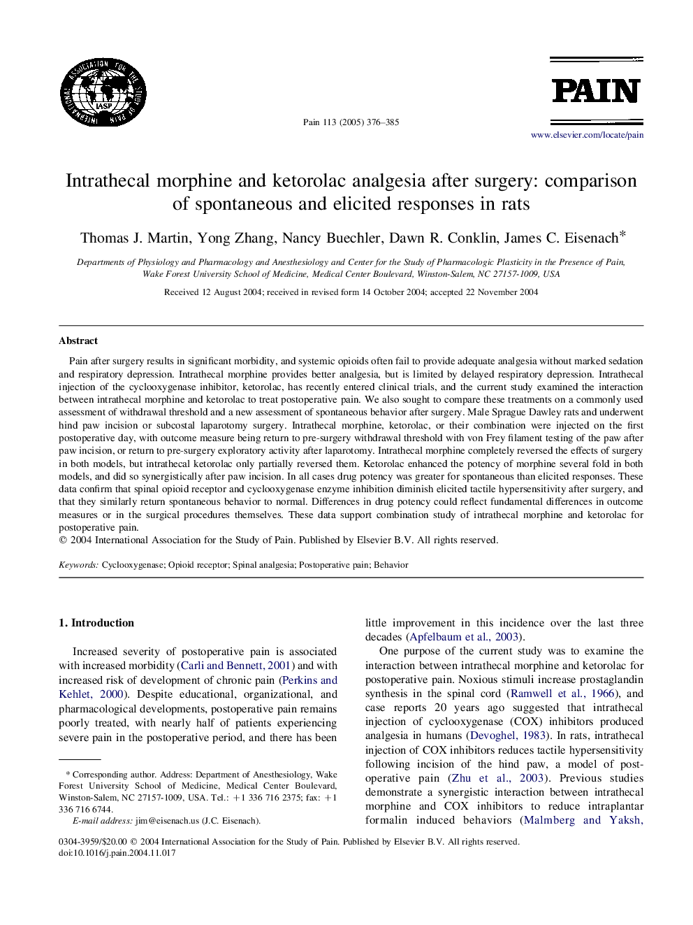 Intrathecal morphine and ketorolac analgesia after surgery: comparison of spontaneous and elicited responses in rats