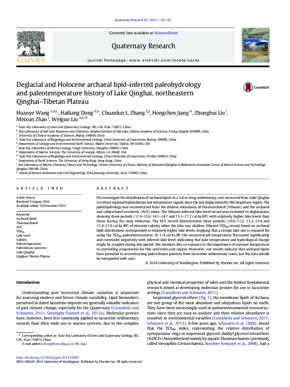 Deglacial and Holocene archaeal lipid-inferred paleohydrology and paleotemperature history of Lake Qinghai, northeastern Qinghai–Tibetan Plateau