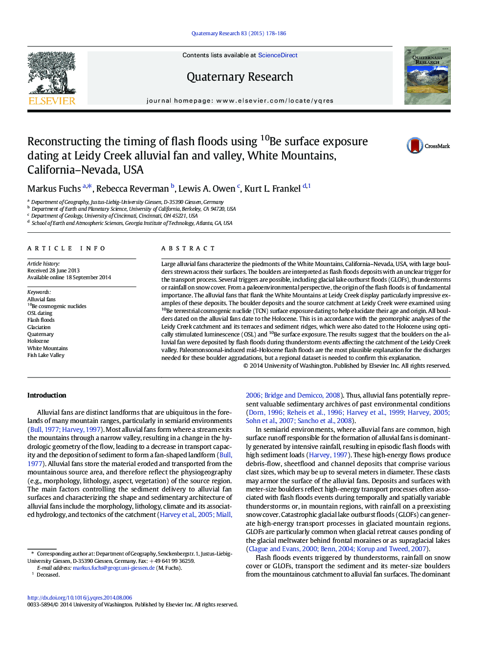 Reconstructing the timing of flash floods using 10Be surface exposure dating at Leidy Creek alluvial fan and valley, White Mountains, California–Nevada, USA