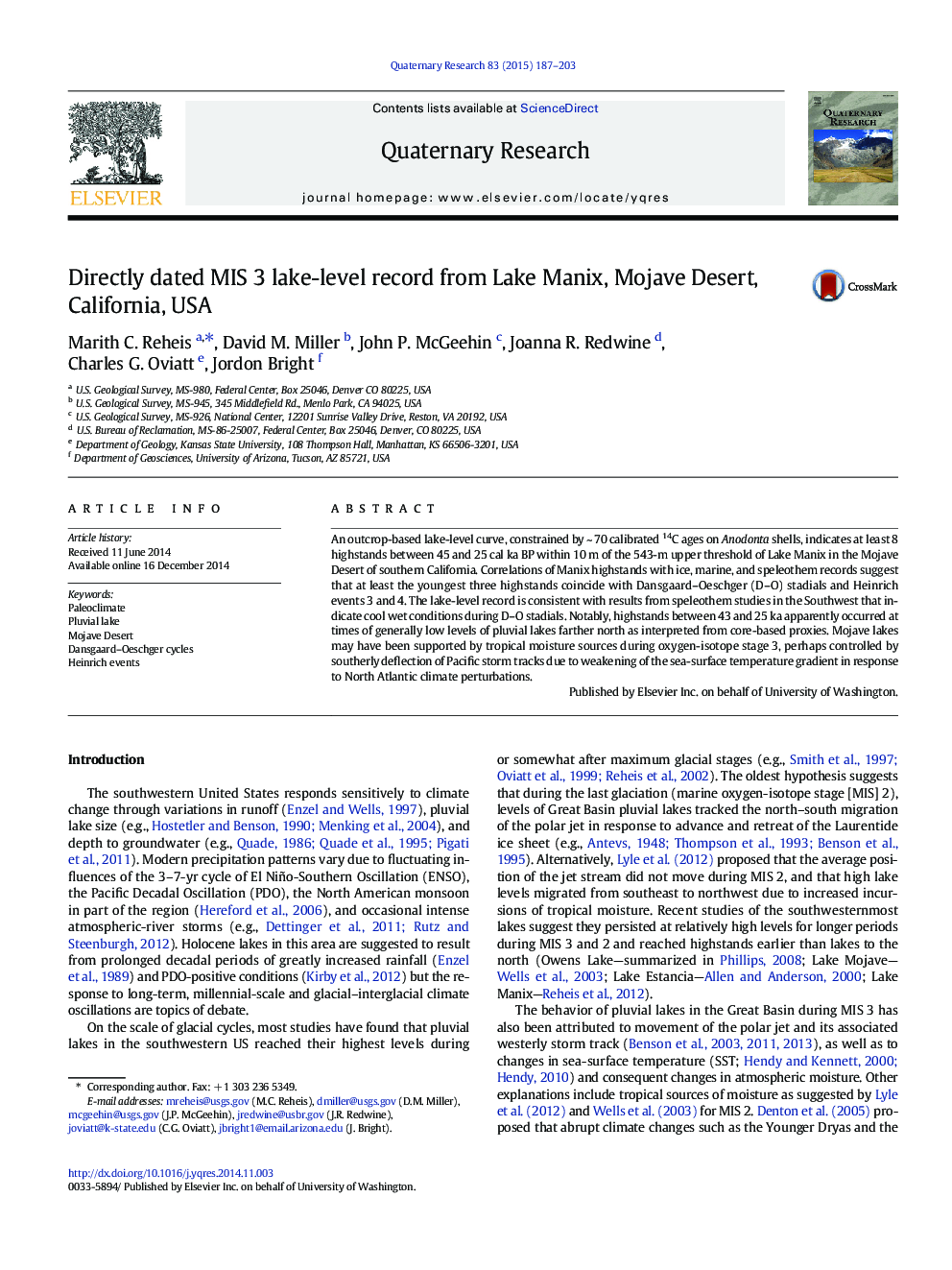 Directly dated MIS 3 lake-level record from Lake Manix, Mojave Desert, California, USA