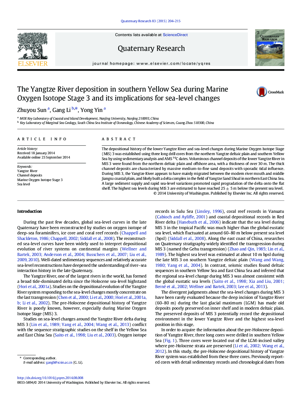 The Yangtze River deposition in southern Yellow Sea during Marine Oxygen Isotope Stage 3 and its implications for sea-level changes