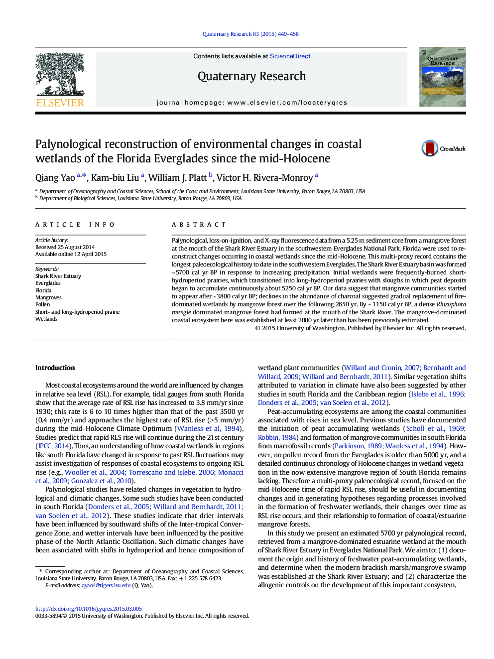 Palynological reconstruction of environmental changes in coastal wetlands of the Florida Everglades since the mid-Holocene