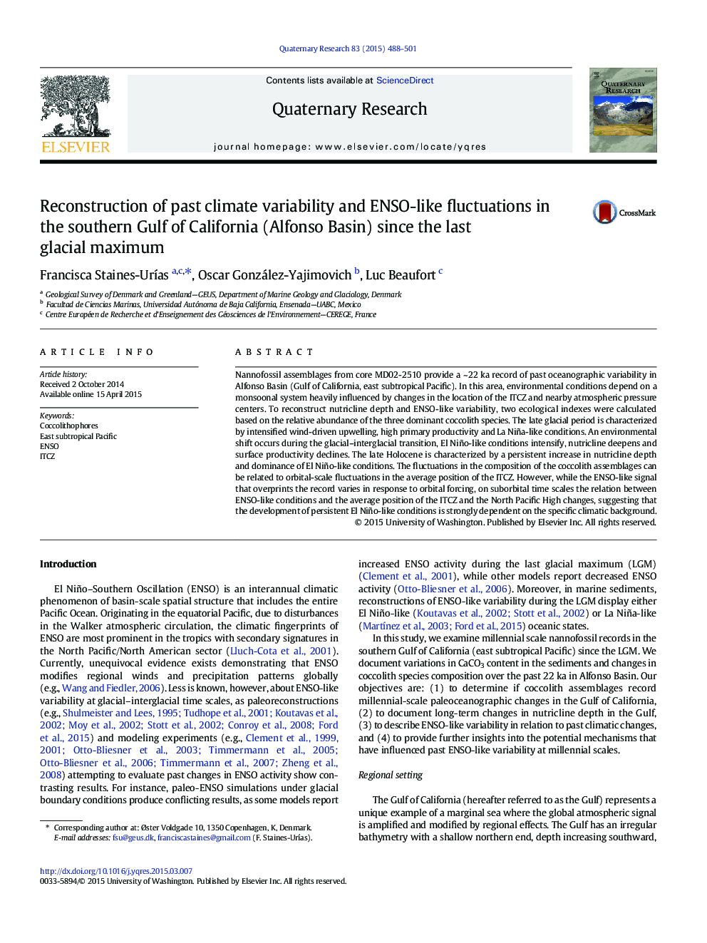 Reconstruction of past climate variability and ENSO-like fluctuations in the southern Gulf of California (Alfonso Basin) since the last glacial maximum