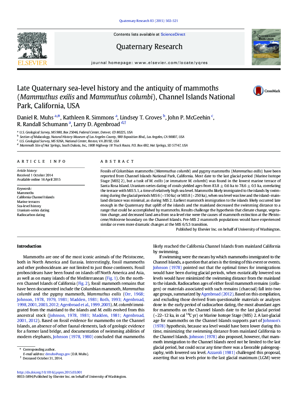 Late Quaternary sea-level history and the antiquity of mammoths (Mammuthus exilis and Mammuthus columbi), Channel Islands National Park, California, USA