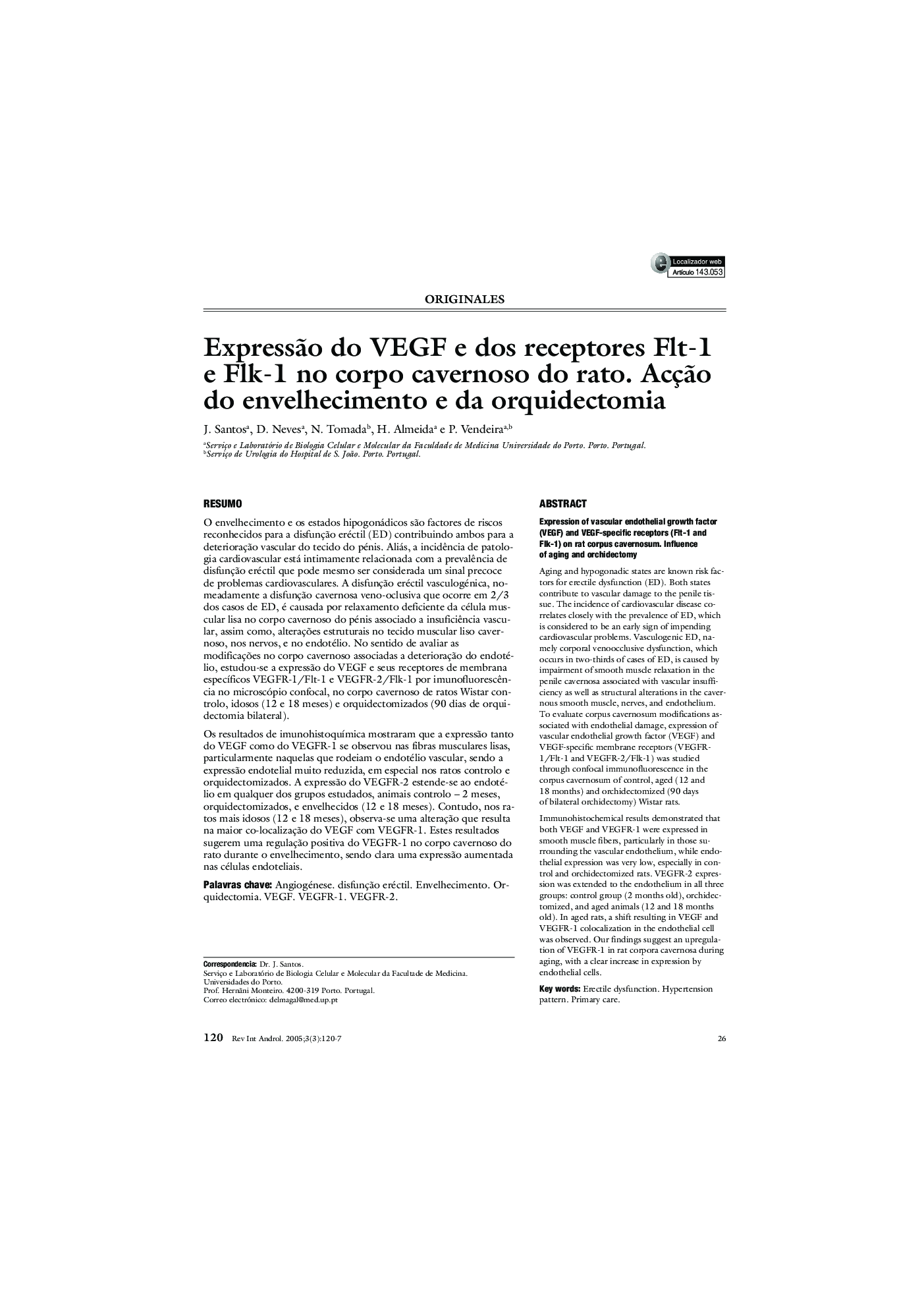ExpressÃ£o do VEGF e dos receptores Flt-1 e Flk-1 no corpo cavernoso do rato. AcçÃ£o do envelhecimento e da orquidectomia