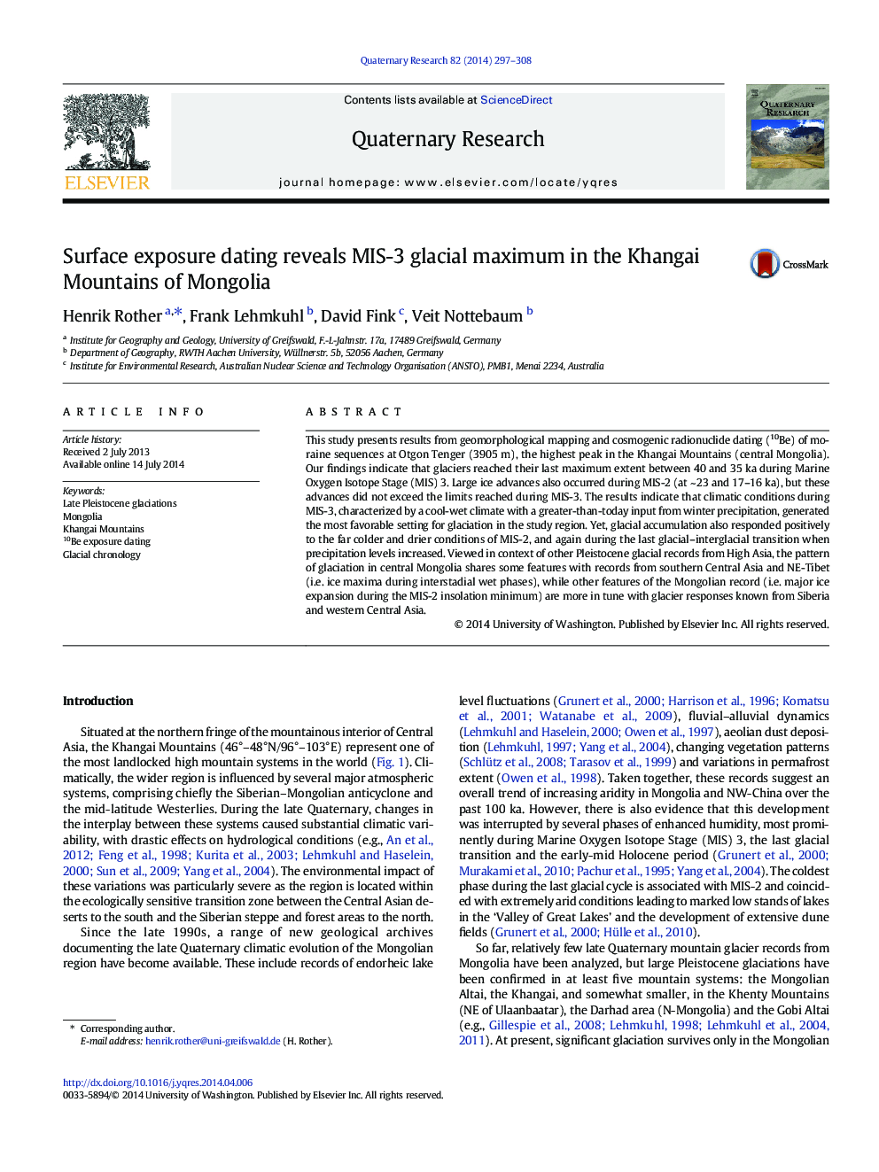 Surface exposure dating reveals MIS-3 glacial maximum in the Khangai Mountains of Mongolia