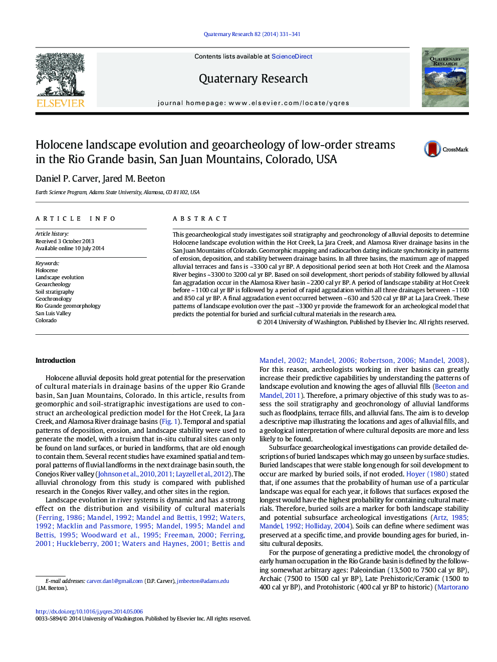 Holocene landscape evolution and geoarcheology of low-order streams in the Rio Grande basin, San Juan Mountains, Colorado, USA