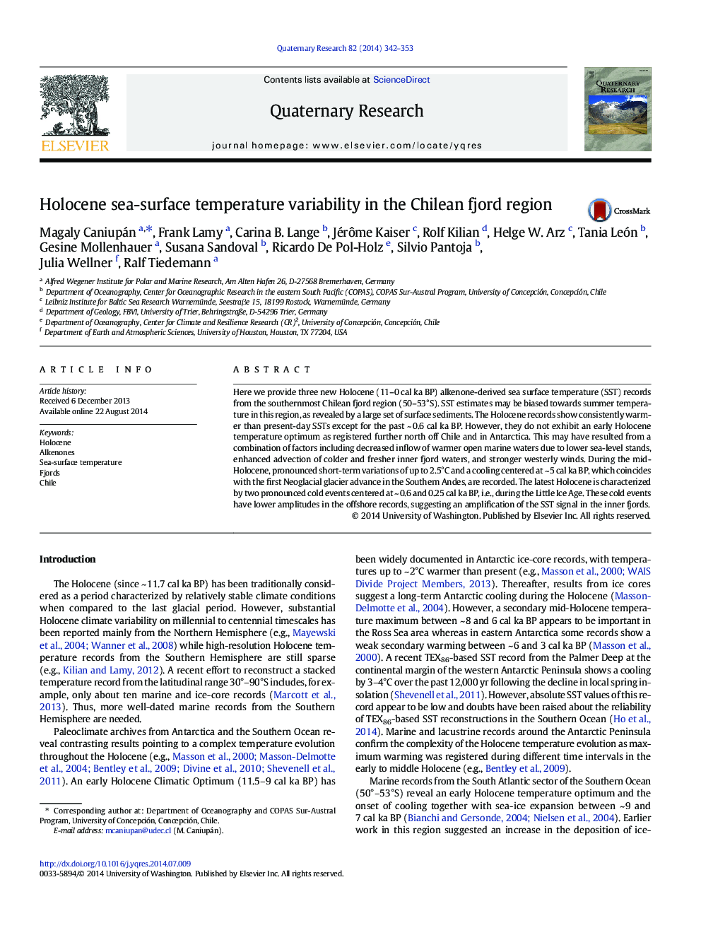 Holocene sea-surface temperature variability in the Chilean fjord region