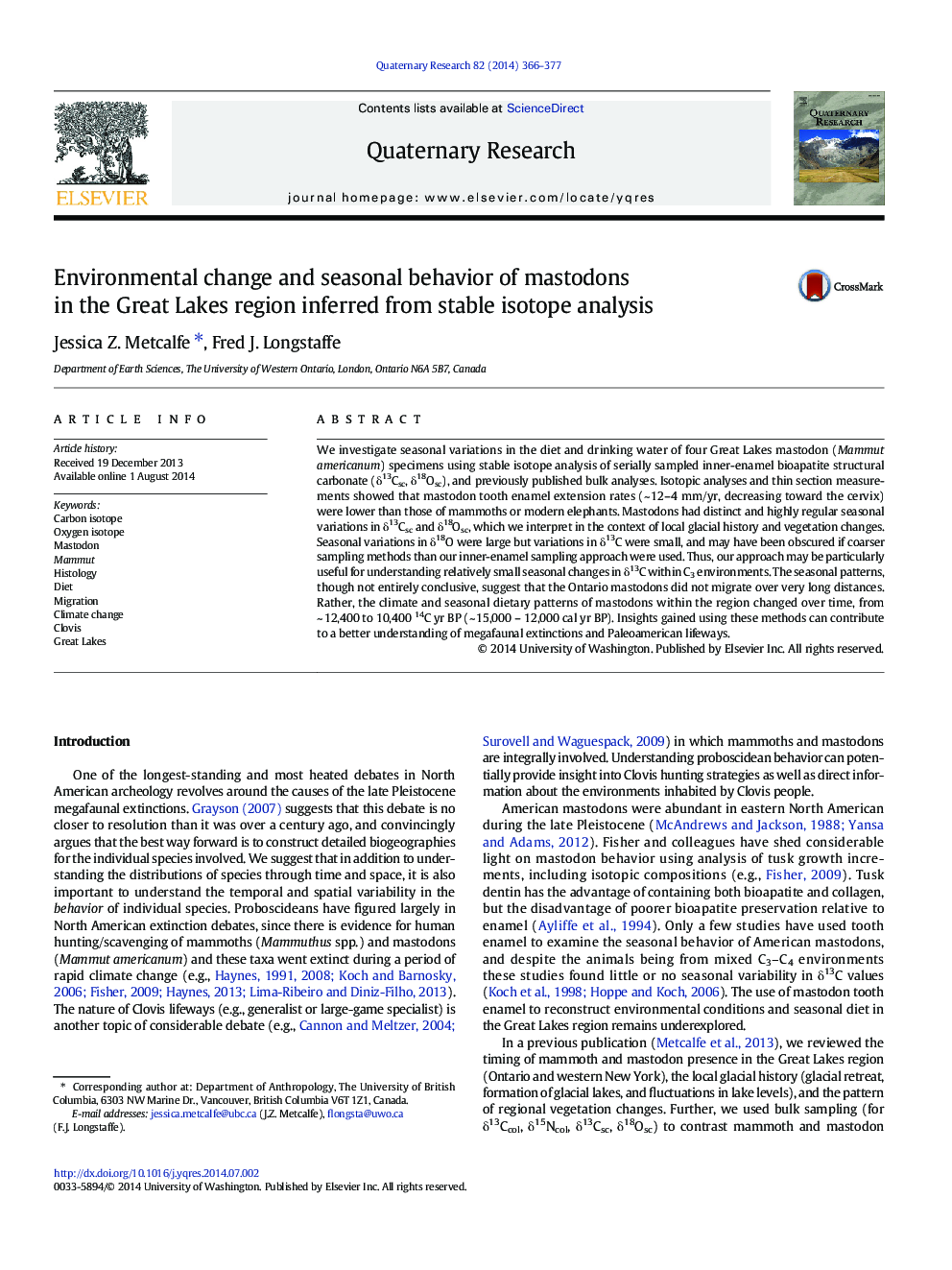 عکس صفحه اول مقاله: Environmental change and seasonal behavior of mastodons in the Great Lakes region inferred from stable isotope analysis Environmental change and seasonal behavior of mastodons in the Great Lakes region inferred from stable isotope analysis