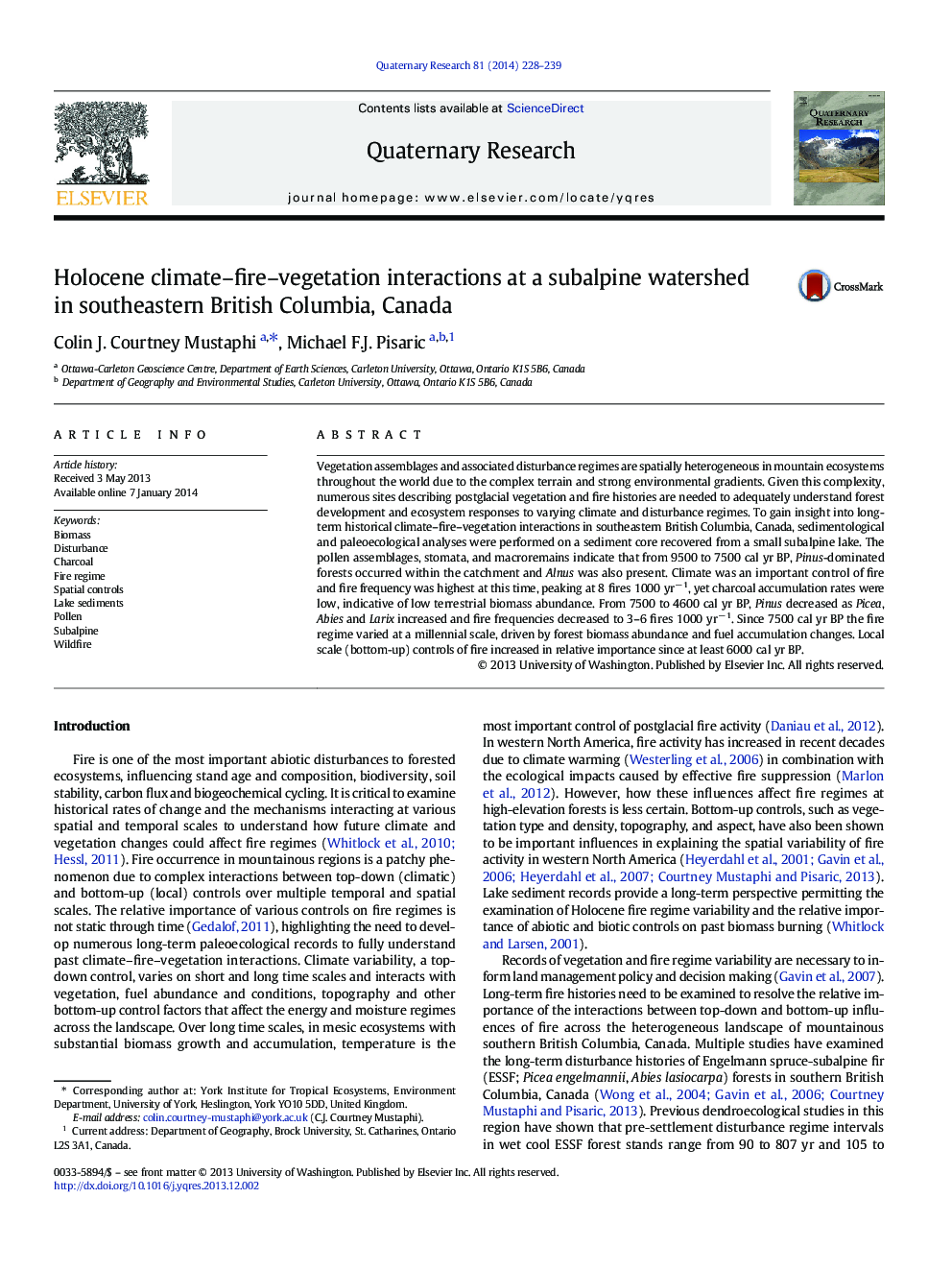 Holocene climate–fire–vegetation interactions at a subalpine watershed in southeastern British Columbia, Canada