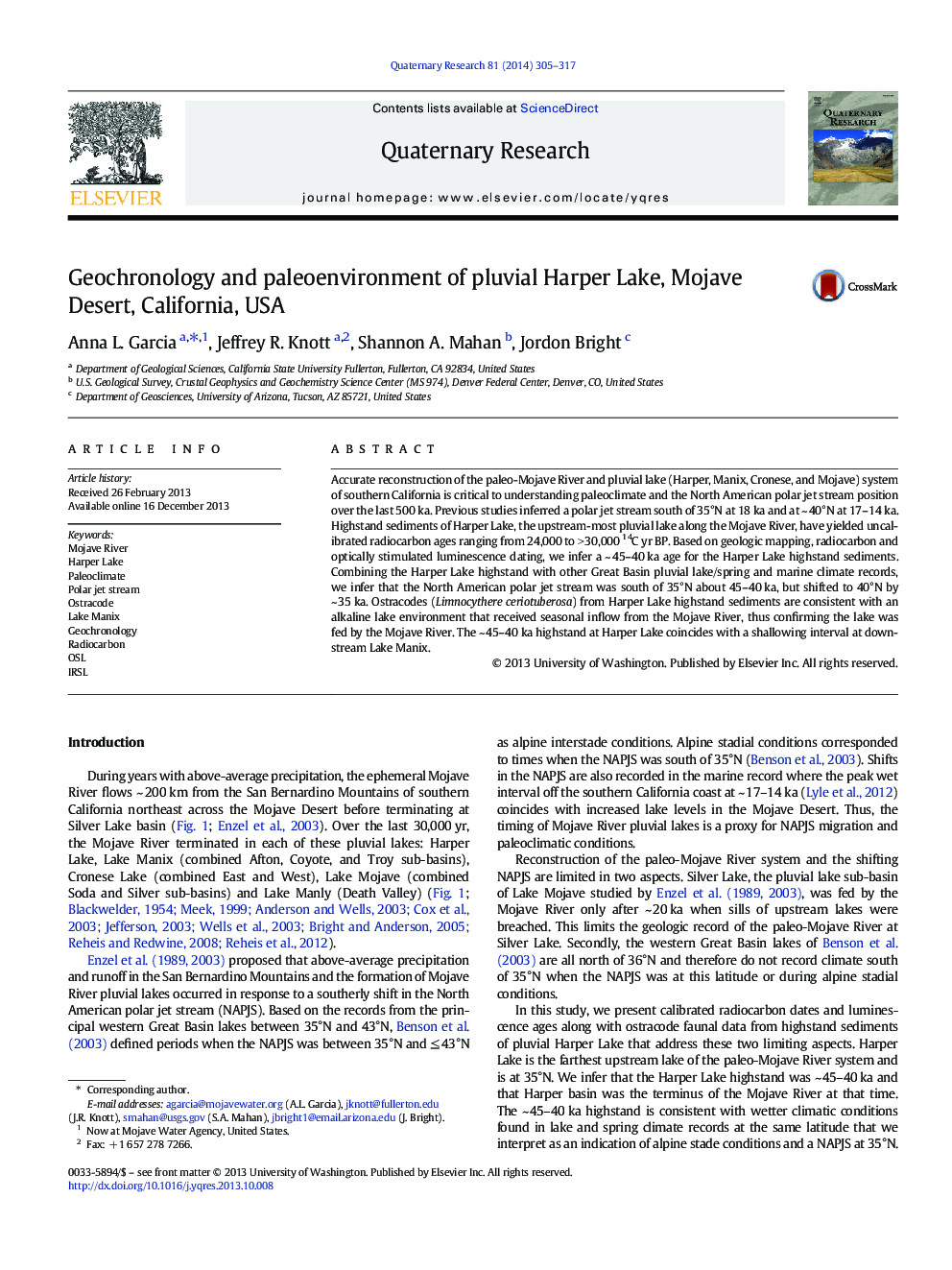 Geochronology and paleoenvironment of pluvial Harper Lake, Mojave Desert, California, USA