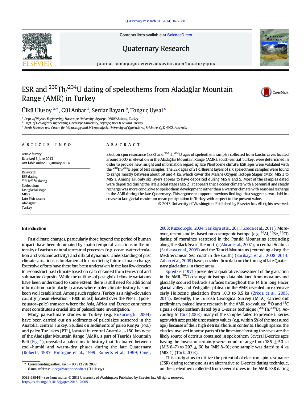 ESR and 230Th/234U dating of speleothems from Aladağlar Mountain Range (AMR) in Turkey