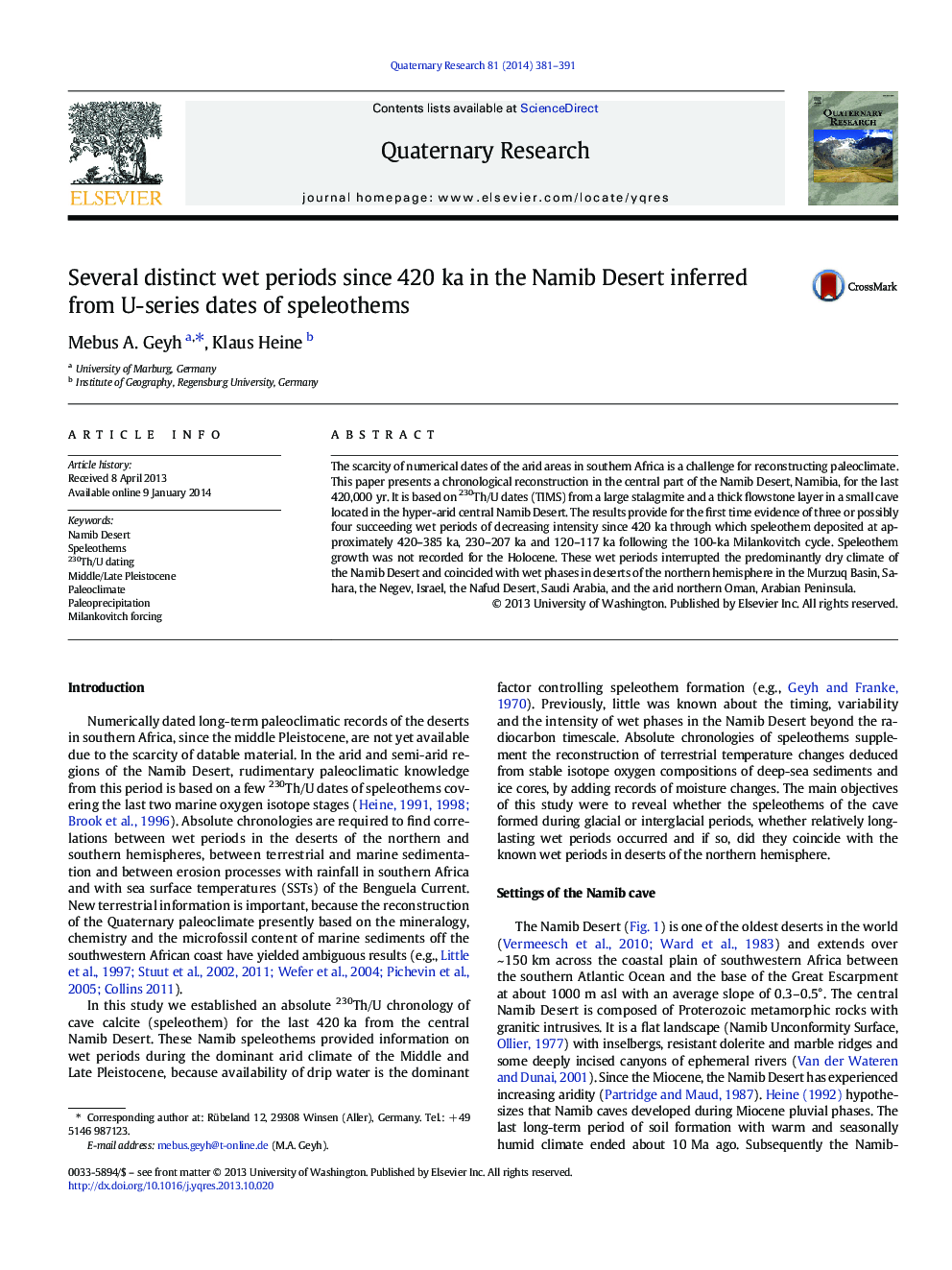 Several distinct wet periods since 420 ka in the Namib Desert inferred from U-series dates of speleothems