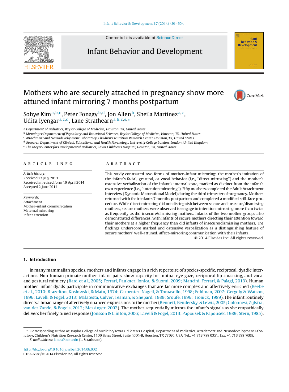 Mothers who are securely attached in pregnancy show more attuned infant mirroring 7 months postpartum