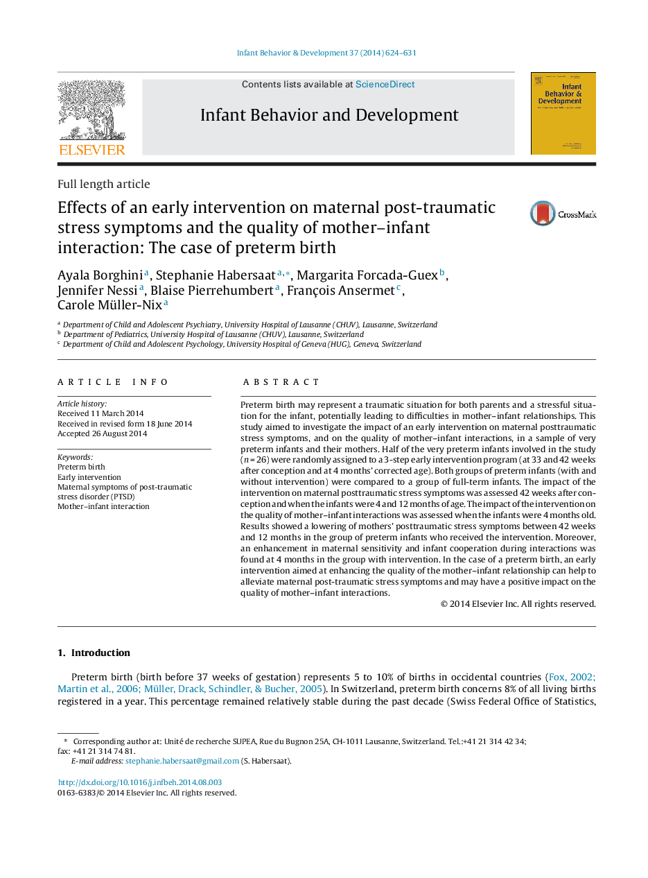 Effects of an early intervention on maternal post-traumatic stress symptoms and the quality of mother-infant interaction: The case of preterm birth