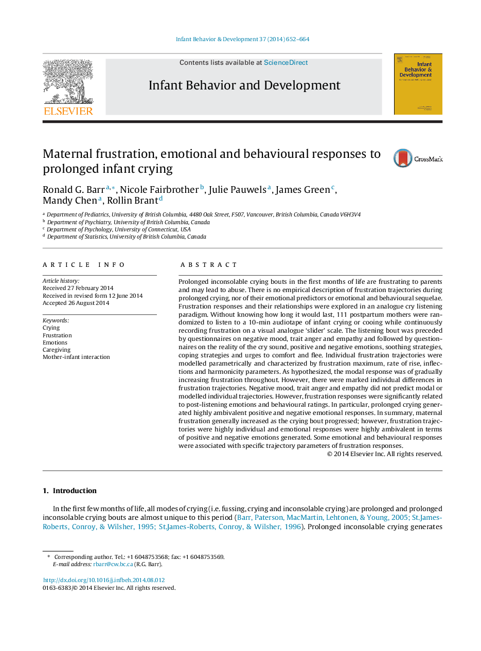 Maternal frustration, emotional and behavioural responses to prolonged infant crying