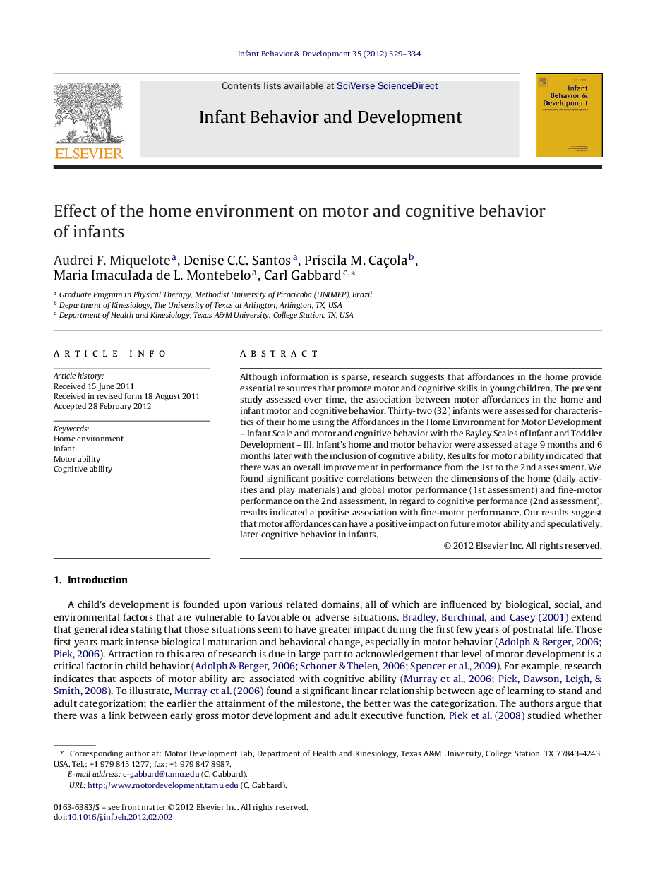 Effect of the home environment on motor and cognitive behavior of infants