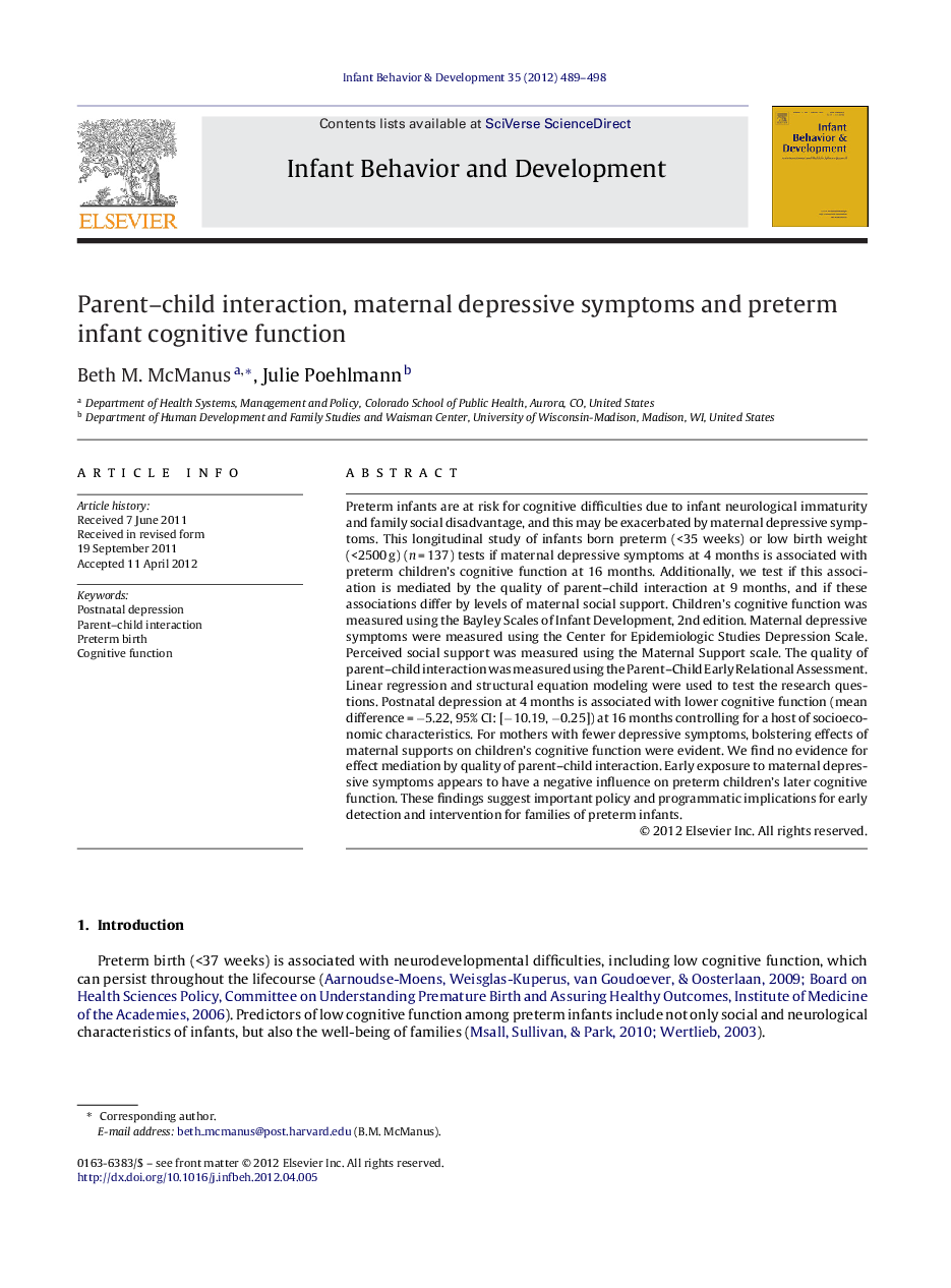 Parent-child interaction, maternal depressive symptoms and preterm infant cognitive function