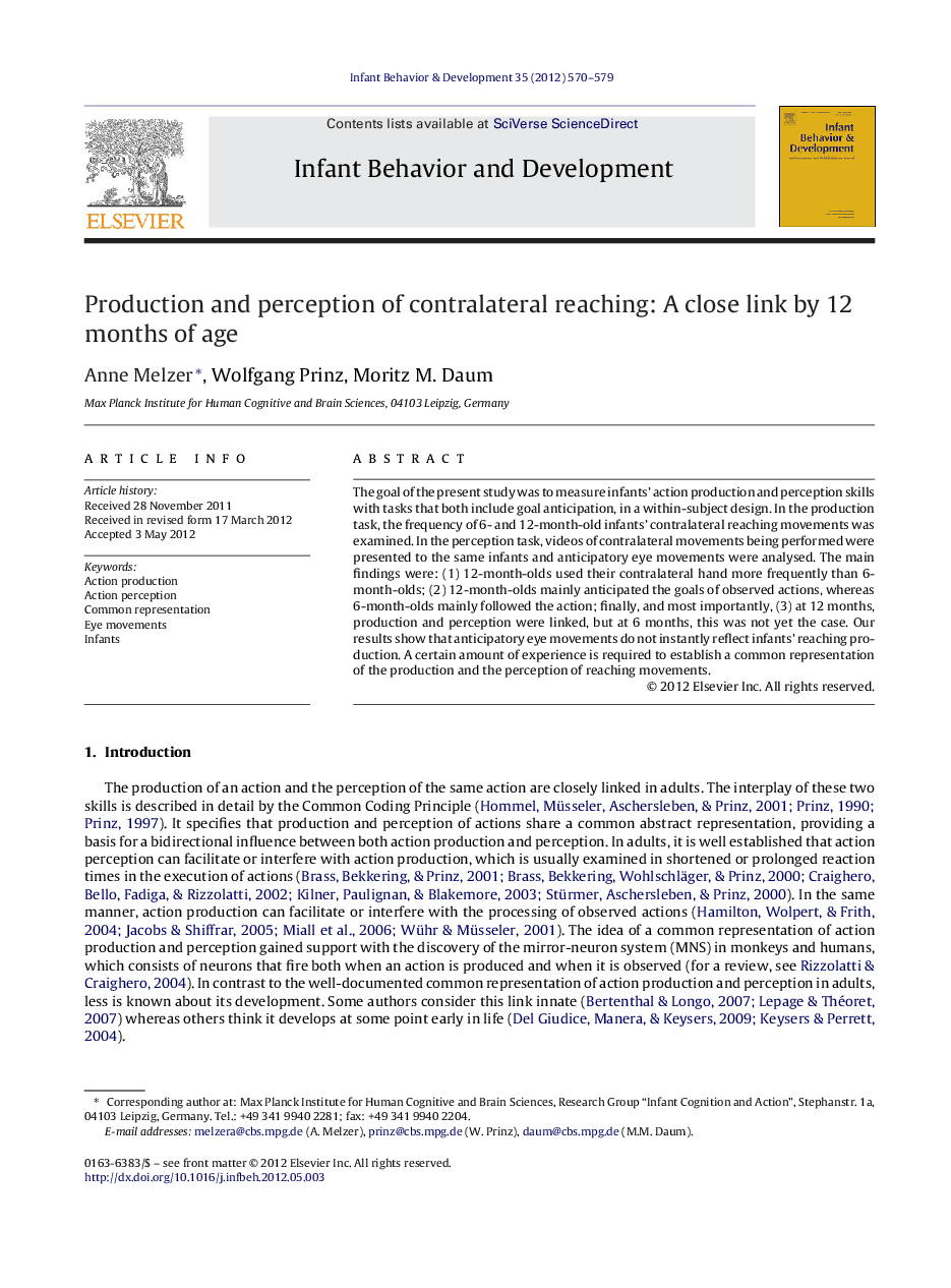 Production and perception of contralateral reaching: A close link by 12 months of age