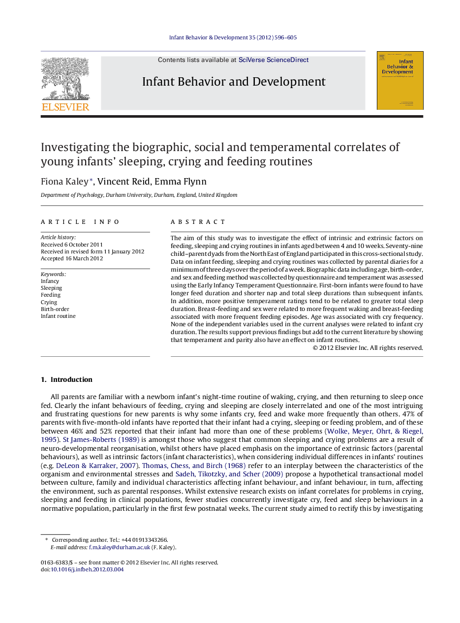 Investigating the biographic, social and temperamental correlates of young infants' sleeping, crying and feeding routines