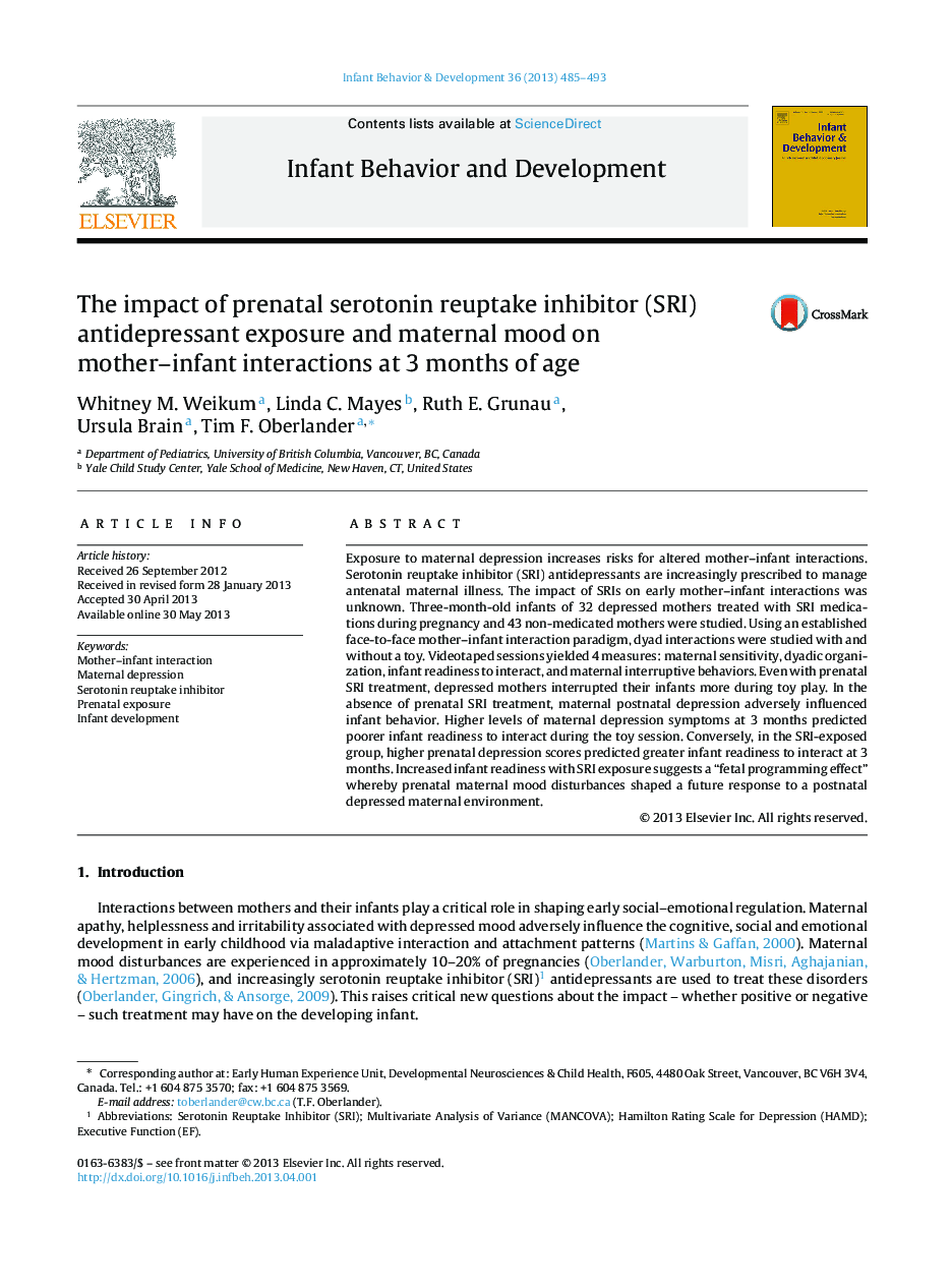 The impact of prenatal serotonin reuptake inhibitor (SRI) antidepressant exposure and maternal mood on mother-infant interactions at 3 months of age