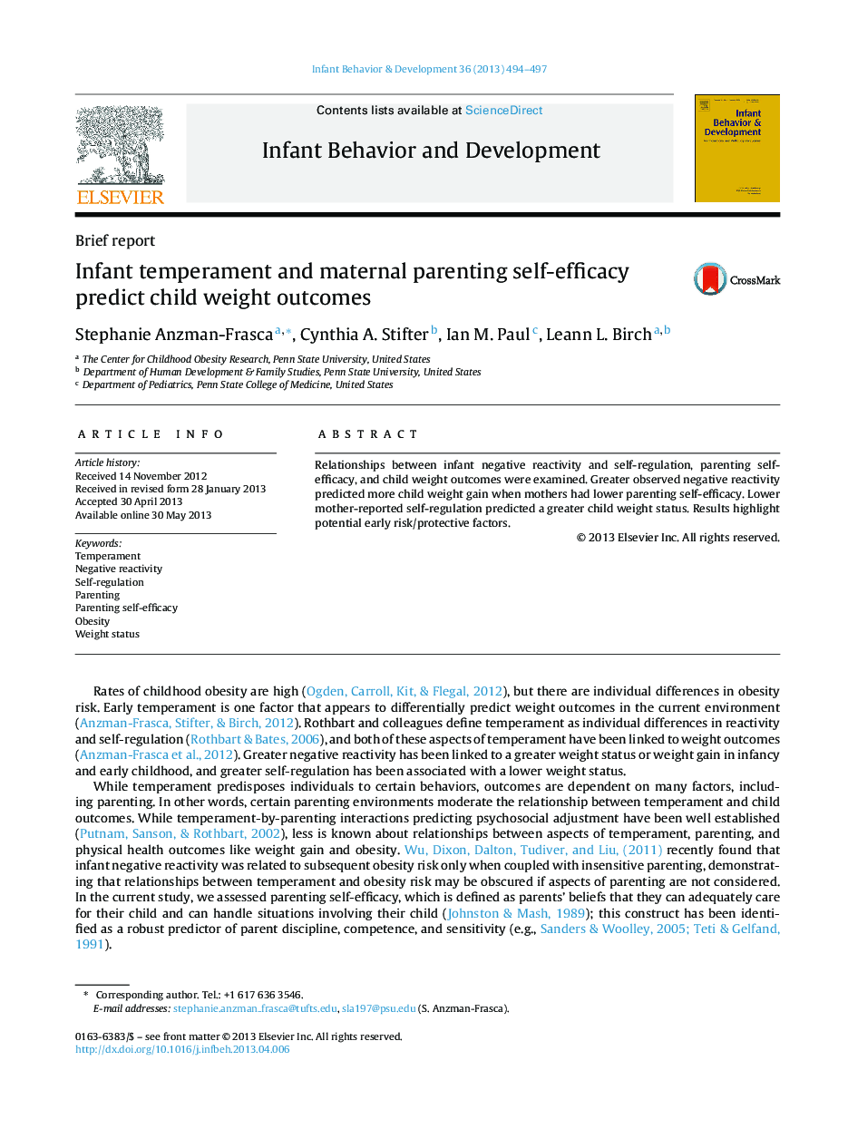 Infant temperament and maternal parenting self-efficacy predict child weight outcomes