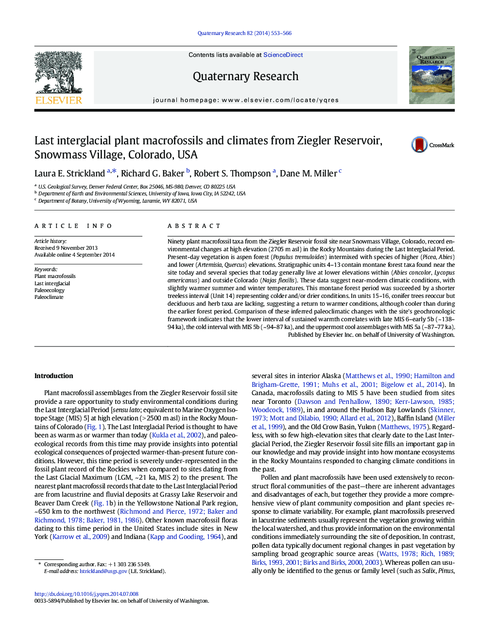 Last interglacial plant macrofossils and climates from Ziegler Reservoir, Snowmass Village, Colorado, USA