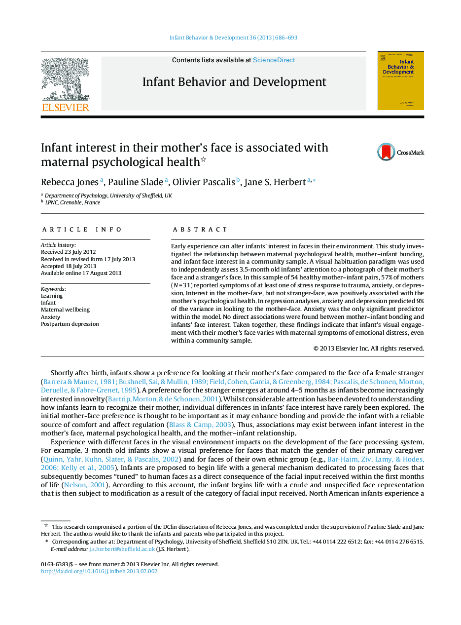 Infant interest in their mother's face is associated with maternal psychological health