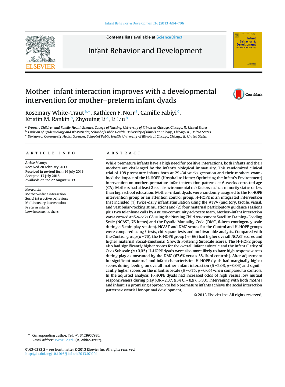 Mother-infant interaction improves with a developmental intervention for mother-preterm infant dyads