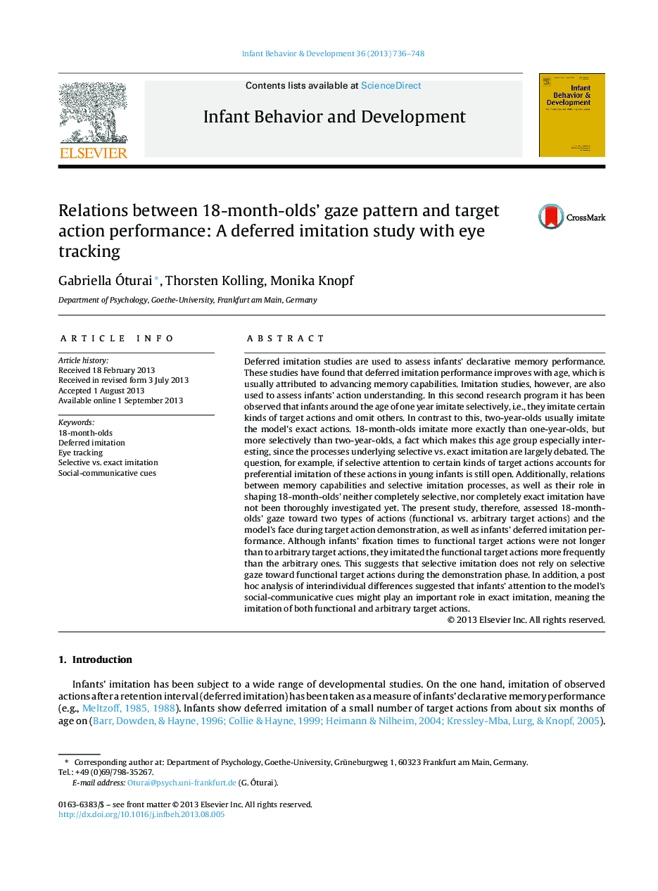 Relations between 18-month-olds' gaze pattern and target action performance: A deferred imitation study with eye tracking