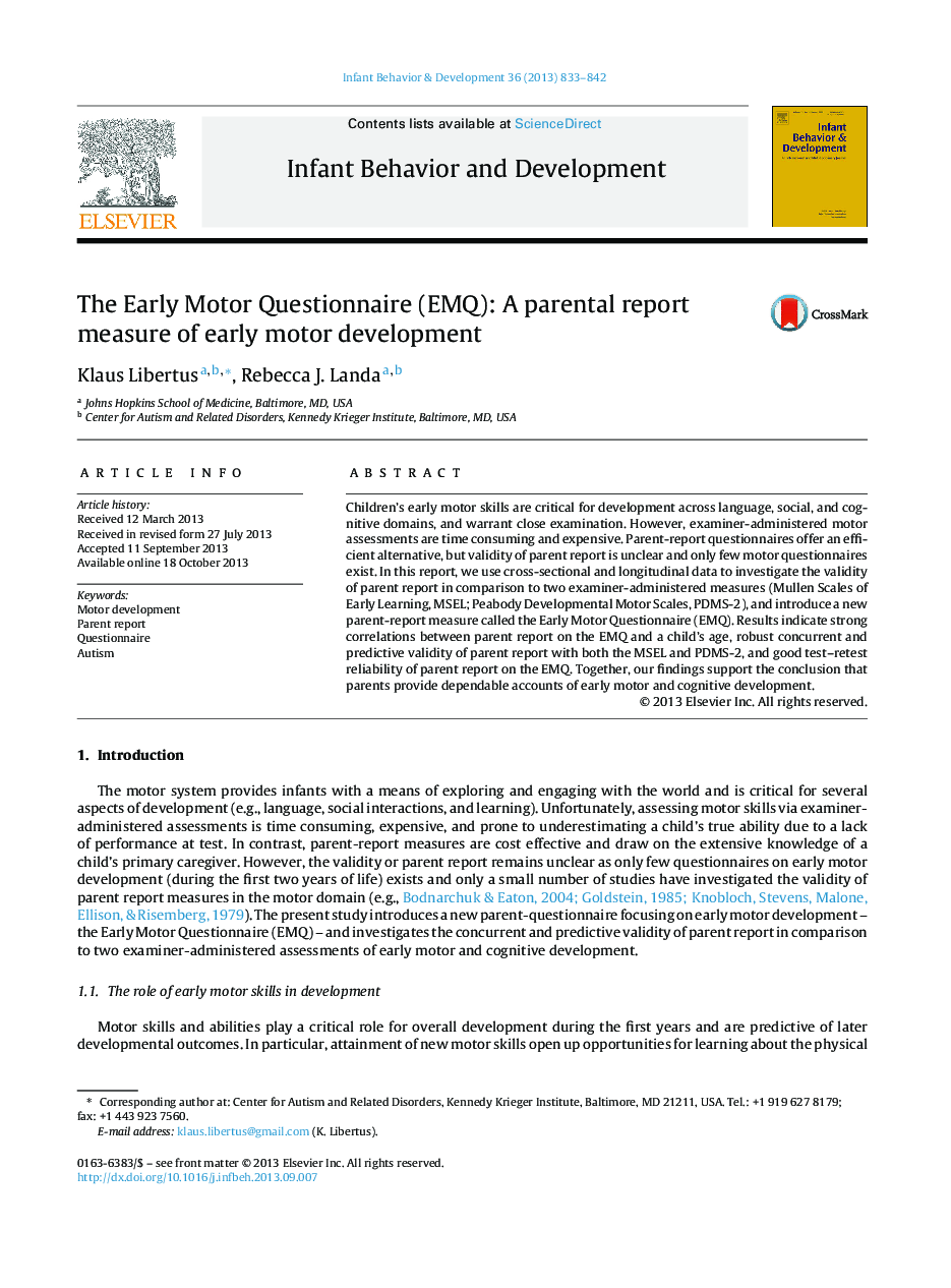 The Early Motor Questionnaire (EMQ): A parental report measure of early motor development